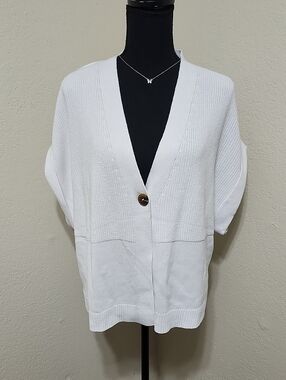 J. Jill White Mixed Knit Cardigan Sweater Short Sleeve Sz S Single Button